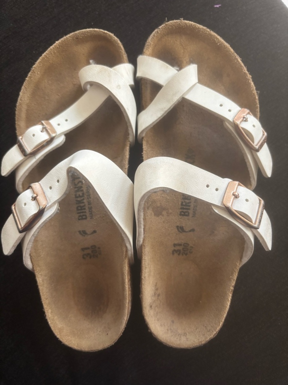 Birkenstock White Sandals with Rose Gold Buckles
